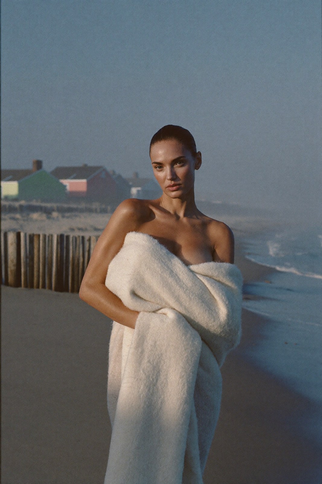 Wrapped in a cream wool blanket on the shingle at dawn, beach huts behind